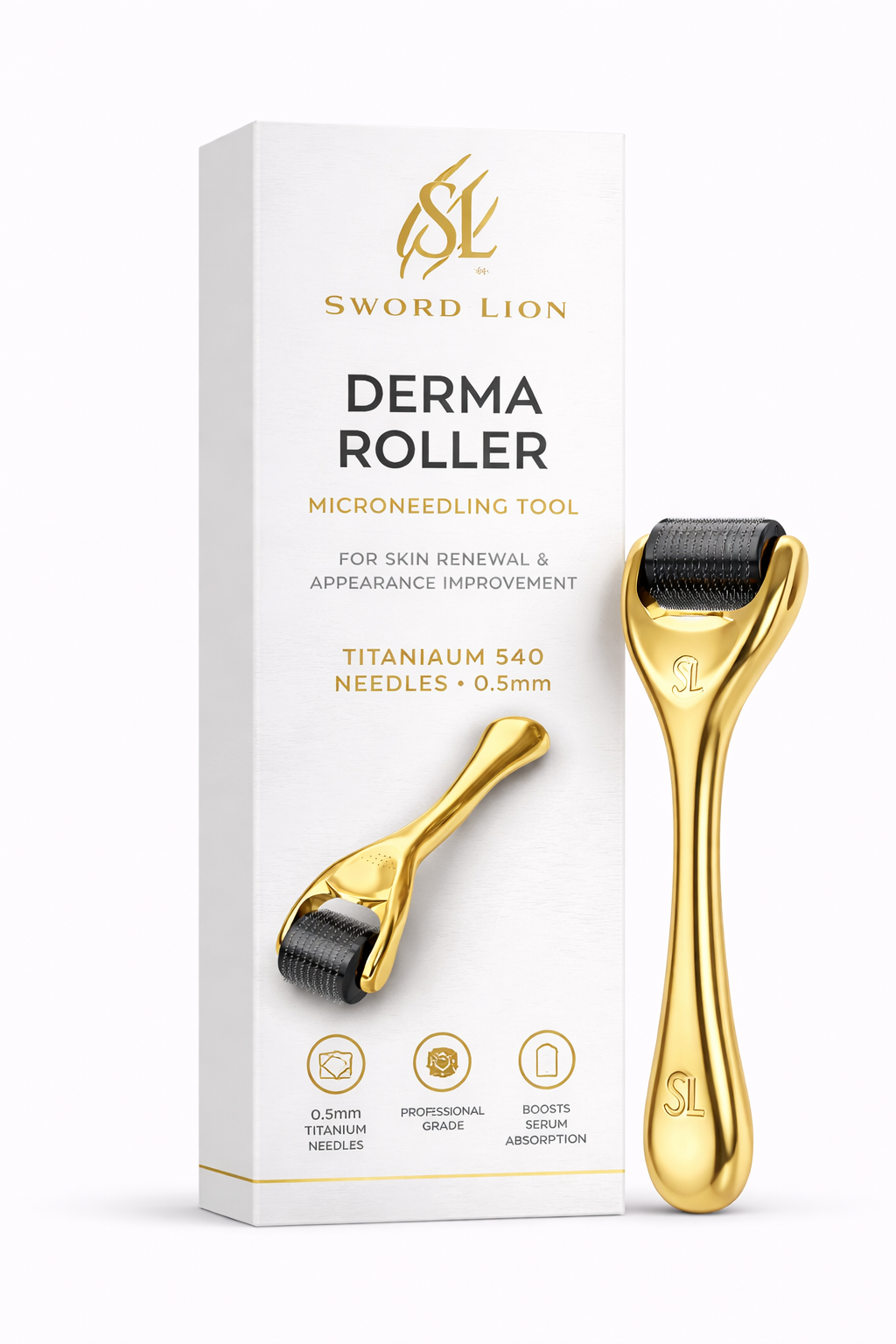 Derma Roller Microneedle Roller for Face 0.5mm, 540 Titanium Micro Needling Rollers for Men and Women - Microneedling Roller for Face & Scalp, Safe & Easy to Use Pack of 2 Gold/Black