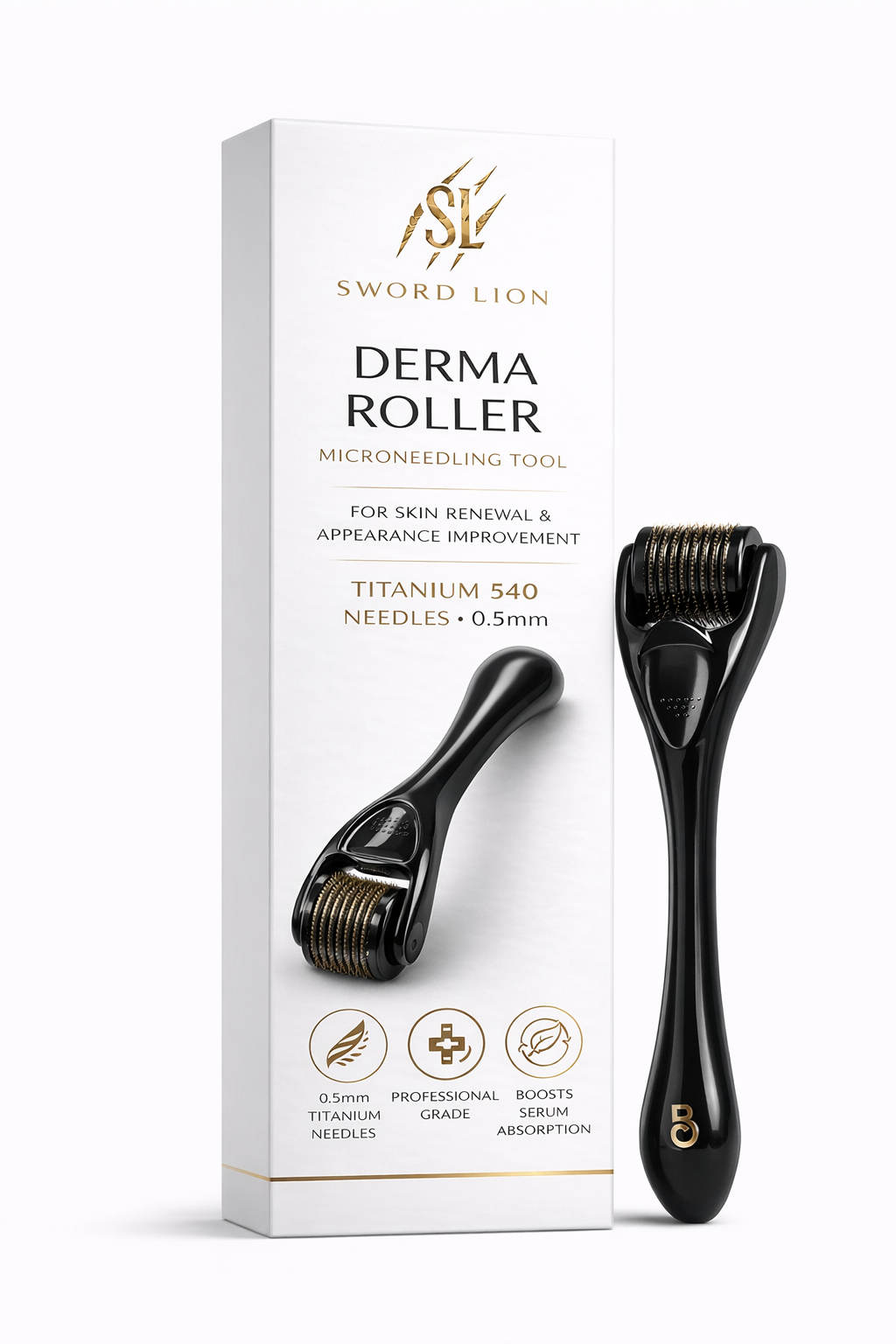 Derma Roller Microneedle Roller for Face 0.5mm, 540 Titanium Micro Needling Rollers for Men and Women - Microneedling Roller for Face & Scalp, Safe & Easy to Use Pack of 2 Gold/Black